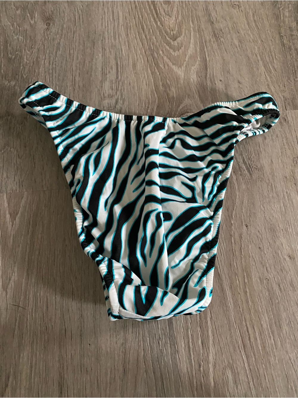 Vintage Zebra-Print Swim Bottoms in White, Black & Teal